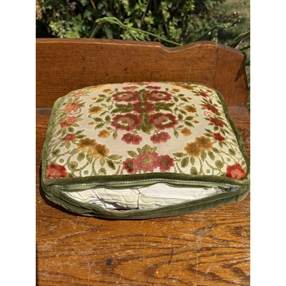 Vtg Chenille Floral Throw Pillow Green Gold Red Velvet Back Cording 12